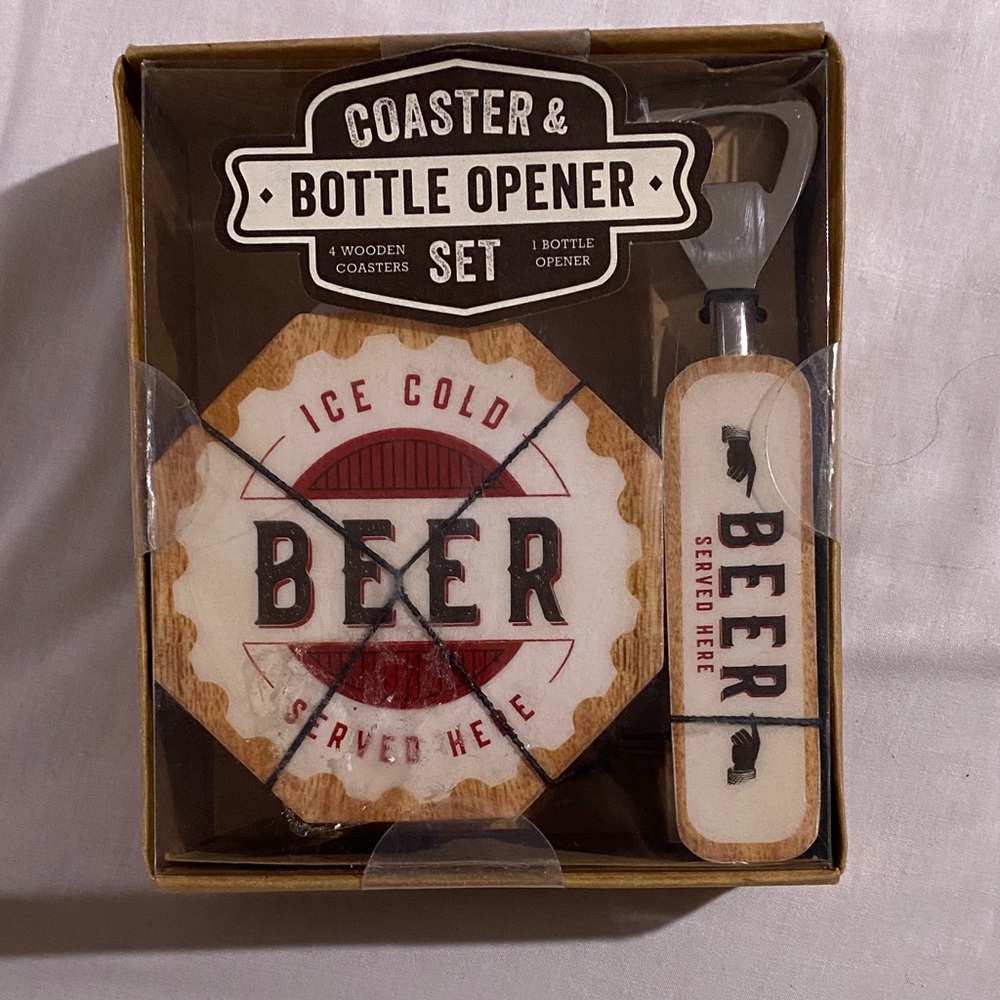 Boston Warehouse Coaster & Opener Set - Brown